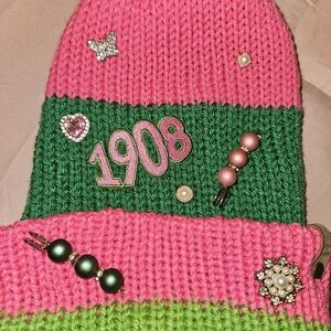 Pink and Green Kids Beanie with Decorative Pins